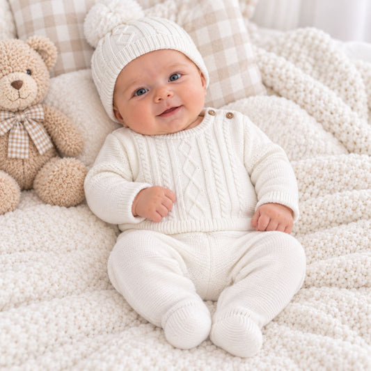 A baby wearing a cream cable-knit one-piece outfit with a matching knit pom-pom hat, sitting on a textured cream blanket next to a teddy bear.