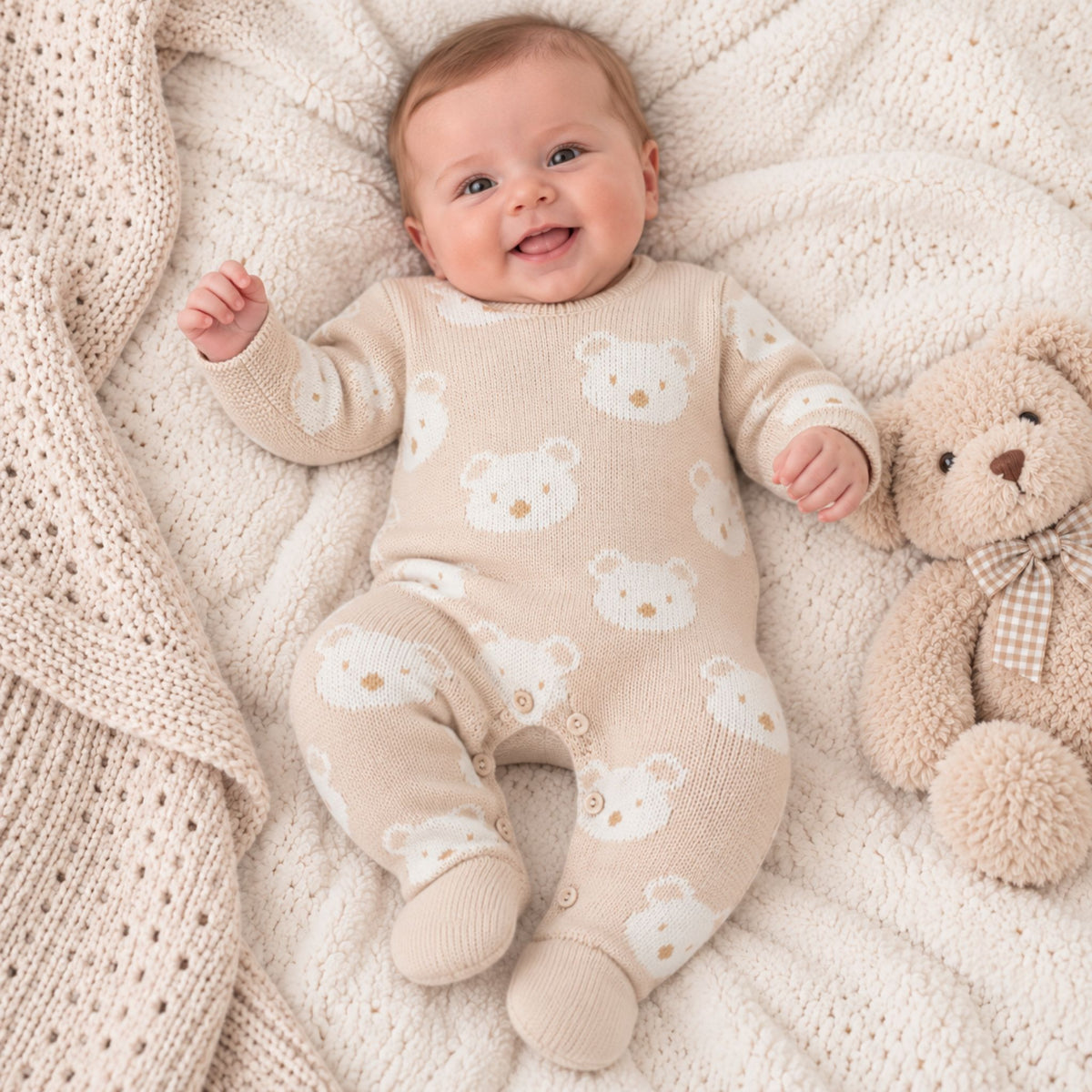 Baby Boys Beige Knitted All In One- Bear Design - Beige