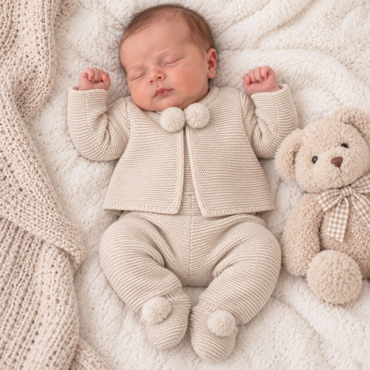 Baby Boys Beige Knitted Jacket & Footed Bottoms Set with Pom Poms