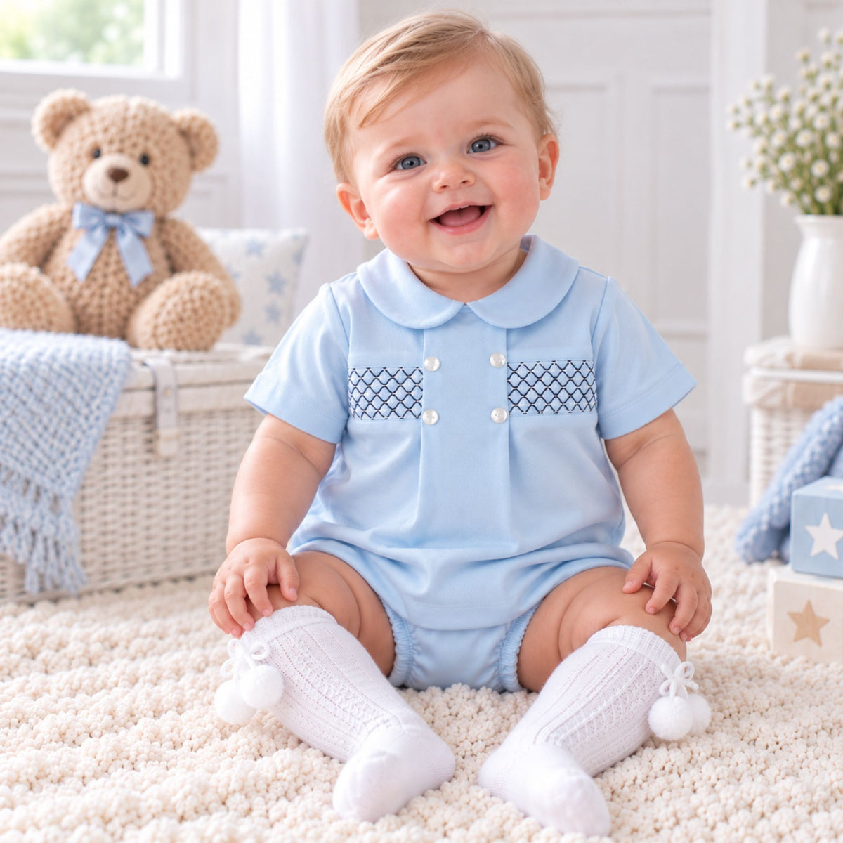 Baby Boys Blue Two Piece Outfit with Smocking – 100% Cotton