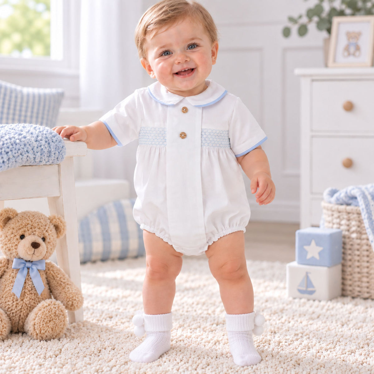 Baby Boys Smocked Romper -White/Blue