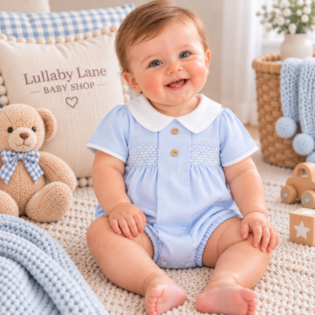 A baby sitting on a cream knit blanket in a nursery setting, wearing a light blue short-sleeve romper with a white Peter Pan collar and small gold buttons. The background features a teddy bear, a pillow reading 'Lullaby Lane BABY SHOP', and soft nursery decor.