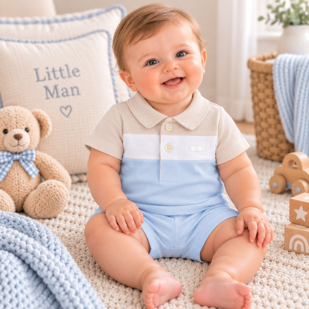 A baby sitting on a cream carpet in a nursery setting, wearing a short-sleeve polo romper in beige and light blue. The background features a teddy bear, a pillow that says 'Little Man', and wooden toy blocks.