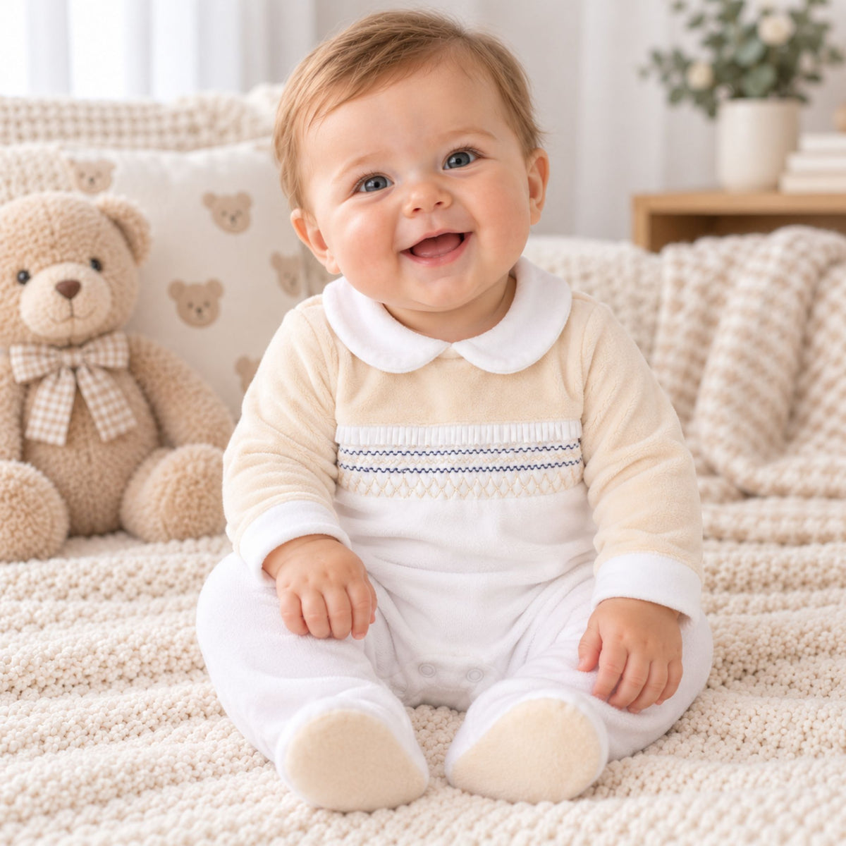 A smiling baby sitting on a textured cream blanket next to a teddy bear, wearing a cream and white long-sleeve footed romper with a Peter Pan collar and a decorative chest stripe.