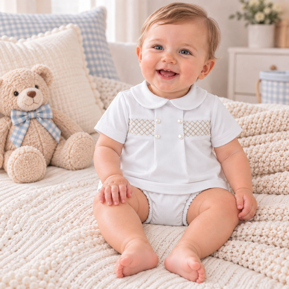 Baby Boys White Beige Two Piece Outfit with Smocking – 100% Cotton