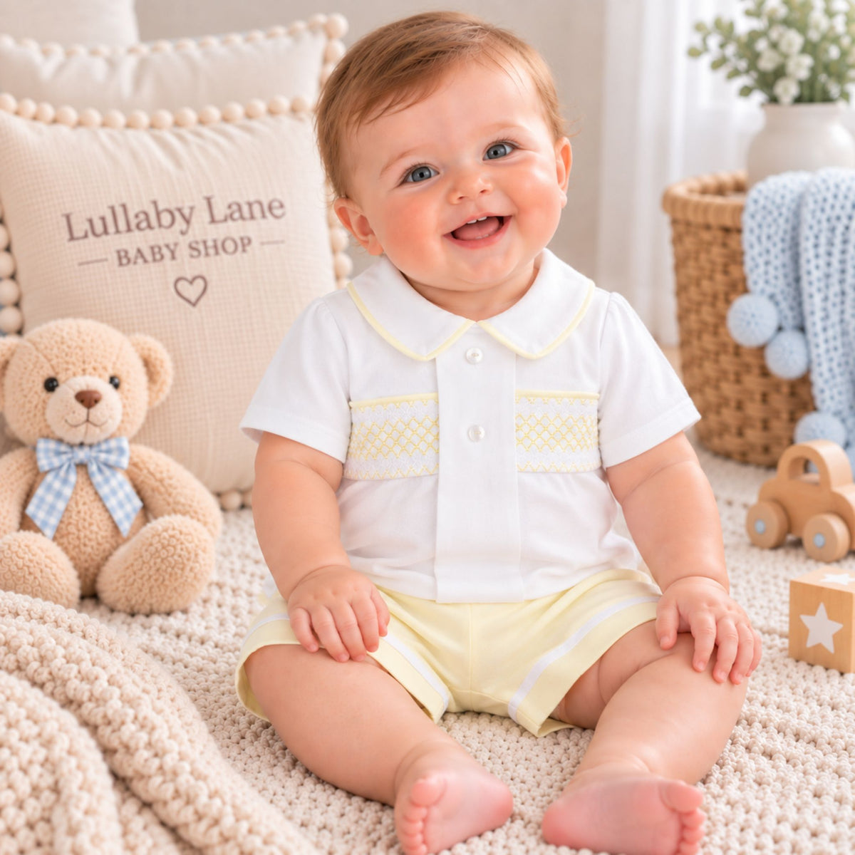 A smiling baby sitting on a cream knit blanket in a nursery setting, wearing a white short-sleeve polo romper with pale yellow trim and matching light yellow shorts. A teddy bear, pillows, basket, and wooden toy are visible in the background.