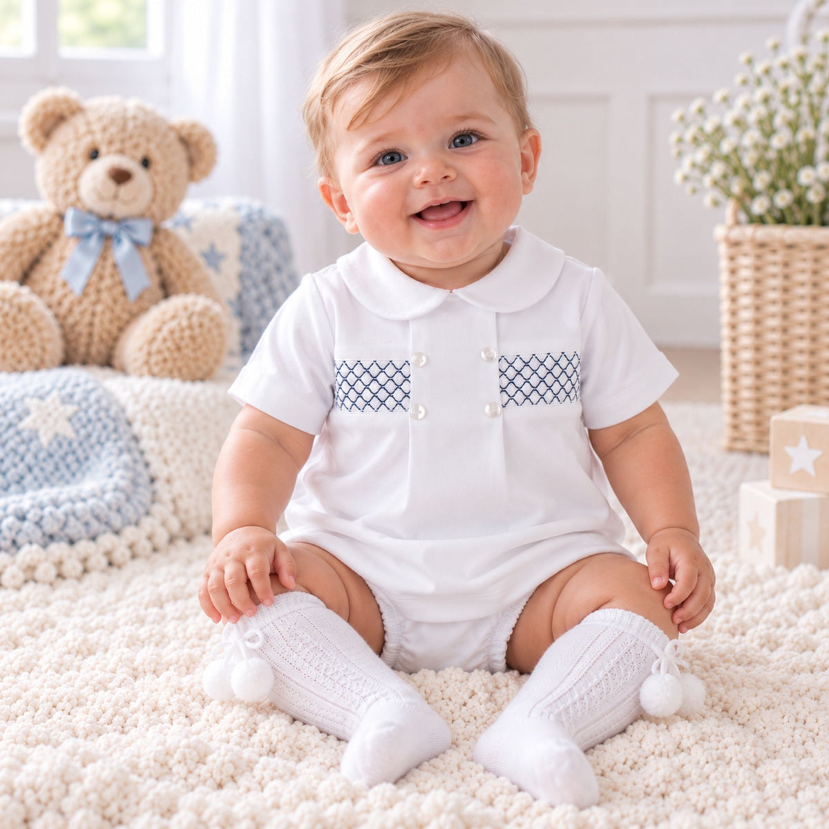Baby Boys White Smocked Top & Pants Set – Made in Portugal