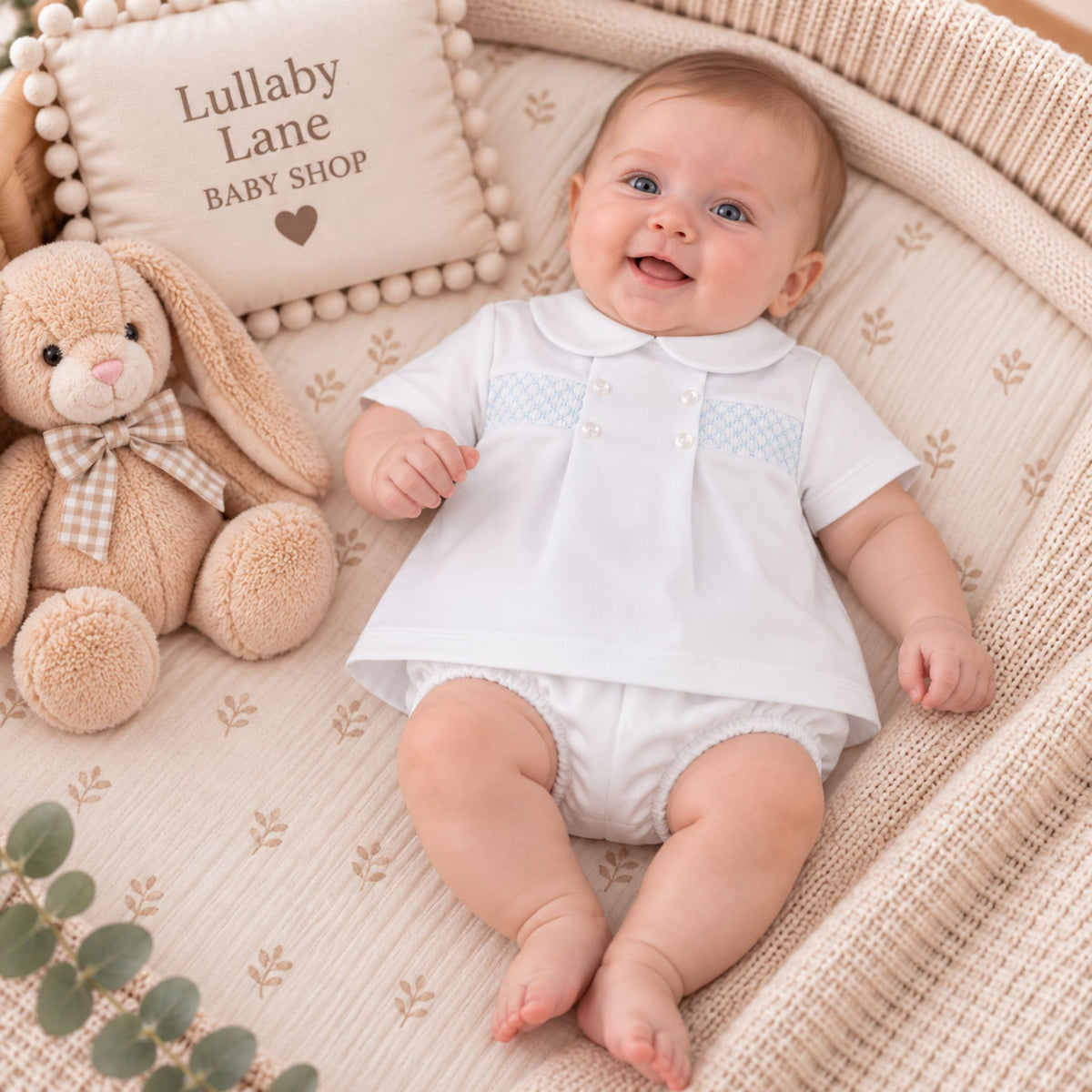 A baby wearing a white short-sleeve romper with a light blue patterned chest panel and white diaper cover, lying on a beige patterned blanket in a bassinet next to a plush bunny toy and a decorative pillow.