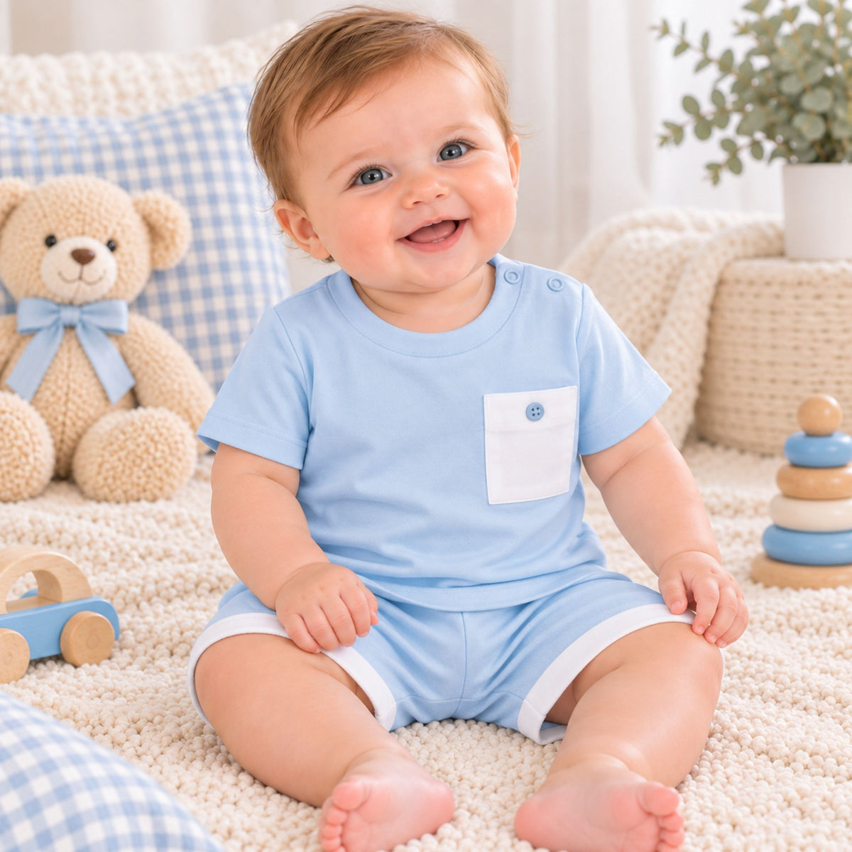 A smiling baby sitting on a cream carpet wearing a light blue short-sleeve romper with a white chest pocket. The background features a cozy nursery setting with a teddy bear, blue and white checkered pillows, and wooden toys.