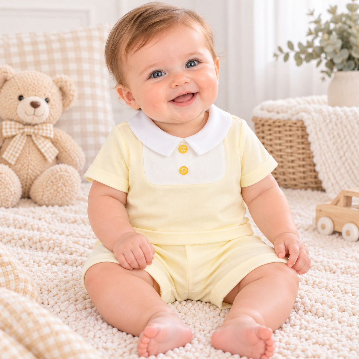 A baby sitting on a cream knit blanket wearing a pale yellow short-sleeve romper with a white Peter Pan collar and two yellow buttons. A beige teddy bear, wicker basket, and small wooden toy car are visible in the softly lit nursery setting.