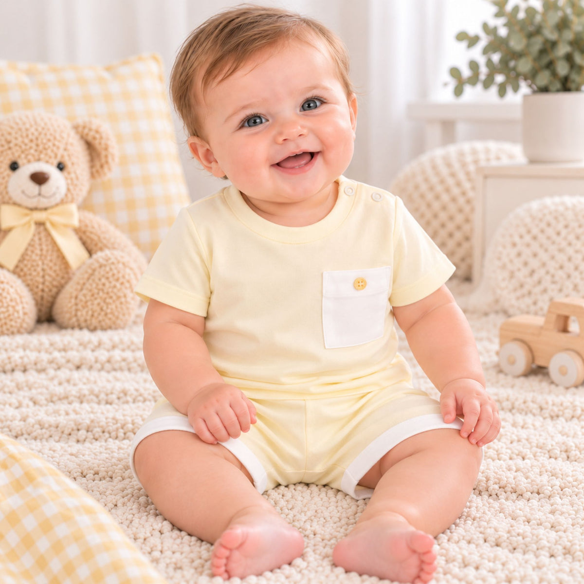 A smiling baby sitting on a cream textured blanket, wearing a pale yellow short-sleeve romper with a white chest pocket and a small gold button. The background features a plush teddy bear, a yellow-and-white checkered pillow, and soft nursery decor.