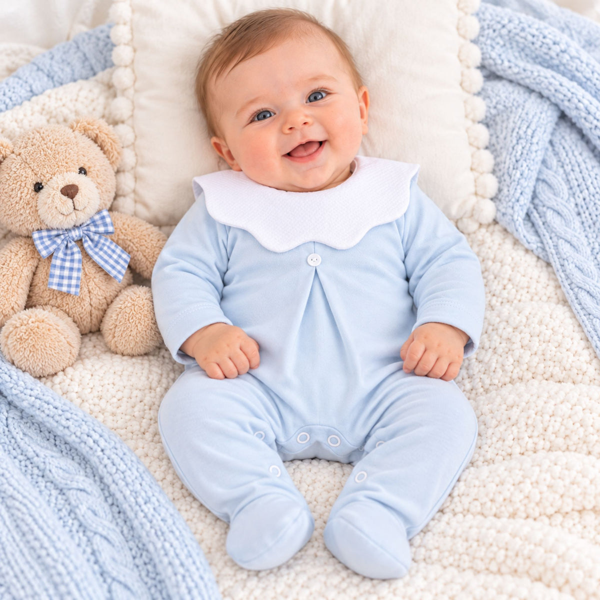 A smiling baby wearing a light blue footed onesie with a white scalloped collar, lying on a cream textured blanket next to a teddy bear with a blue gingham bow.