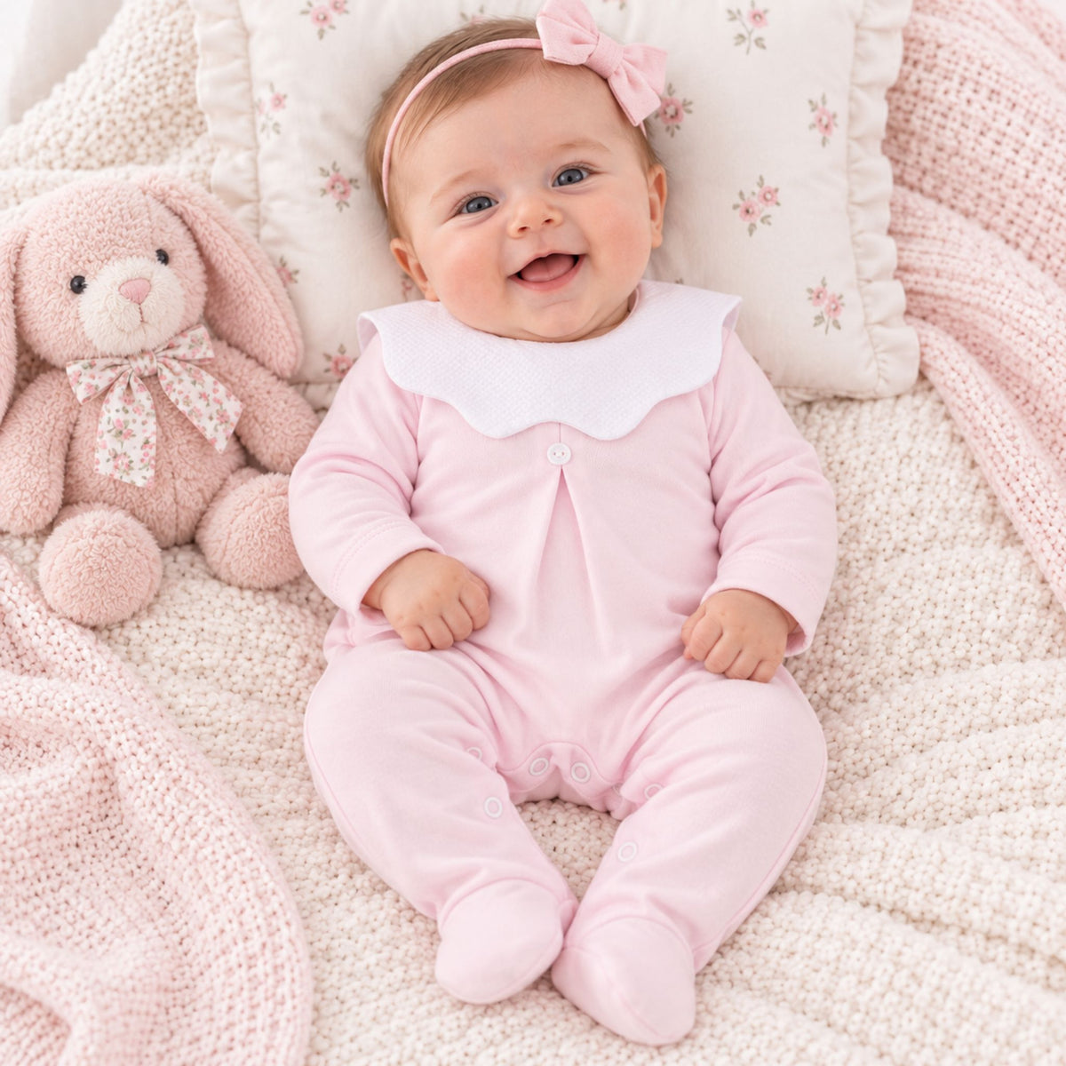 A smiling baby wearing a light pink footed sleeper with a white Peter Pan collar and a pink bow headband, lying on a soft cream knit blanket next to a plush pink bunny toy.