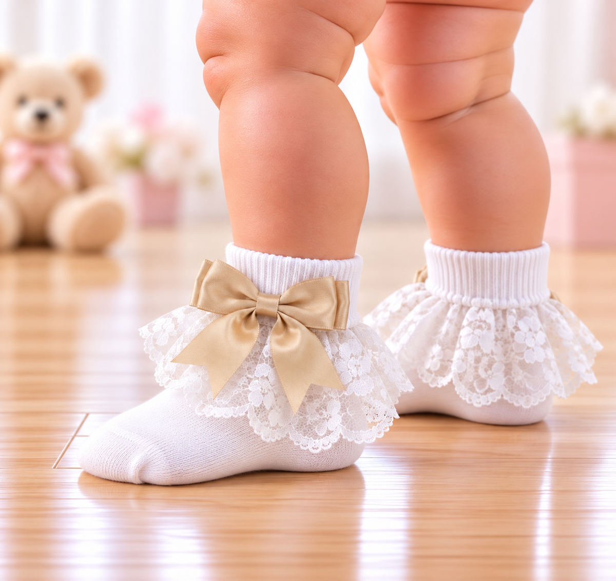 White lace baby socks with beige satin bows, worn on a baby's feet on a wooden floor with a blurred teddy bear in the background.