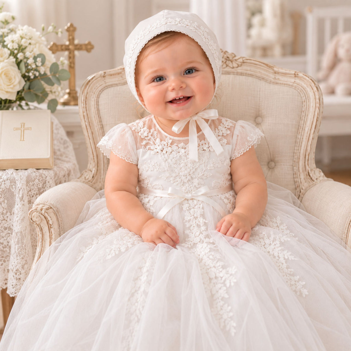A baby girl wearing a white first communion dress with lace appliques and a matching bonnet, sitting in a vintage cream-colored armchair in a softly decorated room.