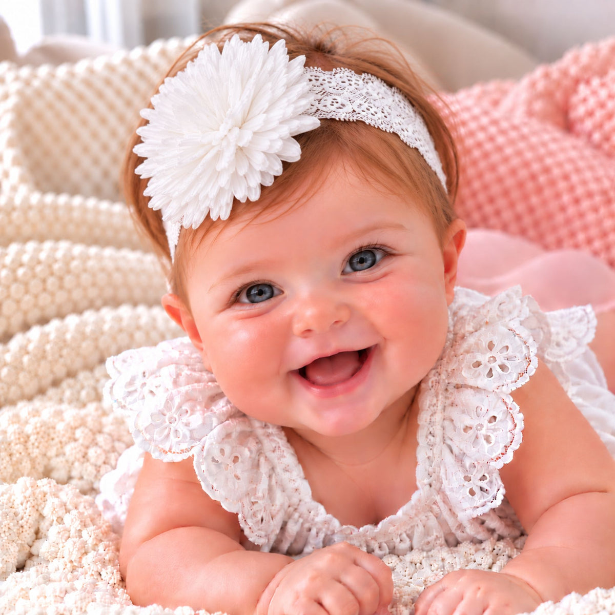 A smiling baby lying on a textured cream blanket, wearing a white lace headband with a large flower and a matching white lace romper.