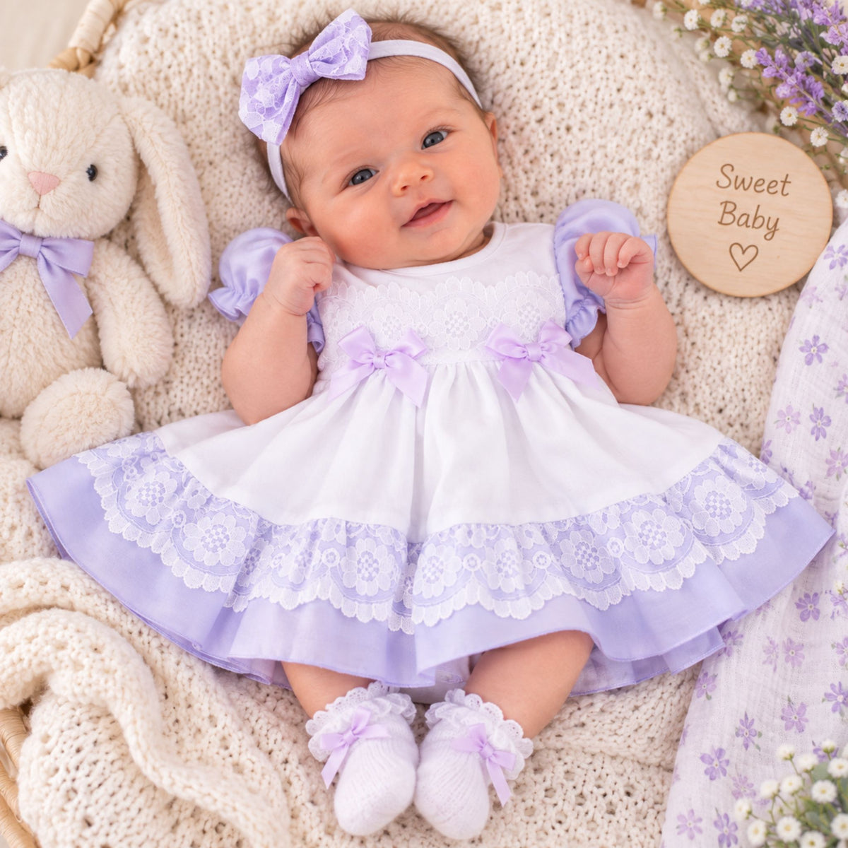 A baby lying on a cream knit blanket wearing a white and lavender baby dress with matching headband and booties, next to a plush bunny and a wooden sign that reads 'Sweet Baby'.