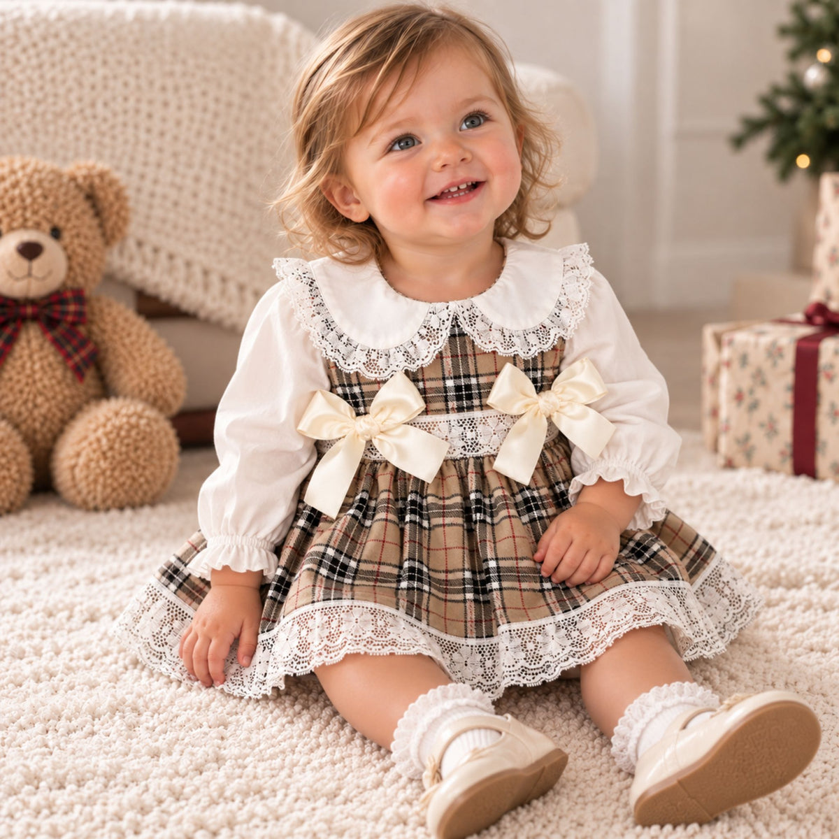 baby girl beige tartan dress with bloomers
