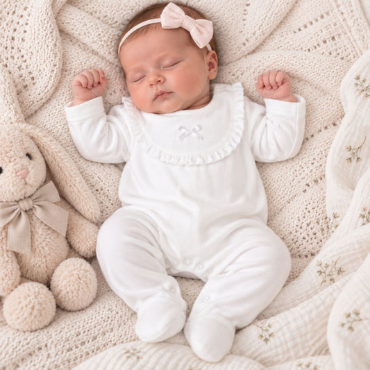 Baby Girls Baby Grow / Sleepsuit with Bow -white