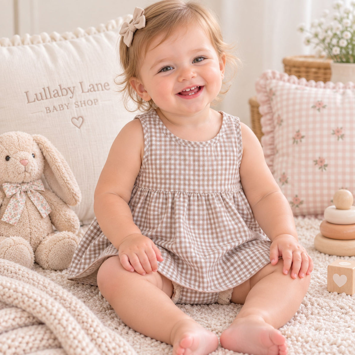 A baby girl sitting on a cream knit blanket in a cozy nursery setting, wearing a brown and beige gingham sleeveless romper. She is surrounded by baby props including a plush bunny, a pillow embroidered with 'Lullaby Lane BABY SHOP', and wooden stacking blocks.