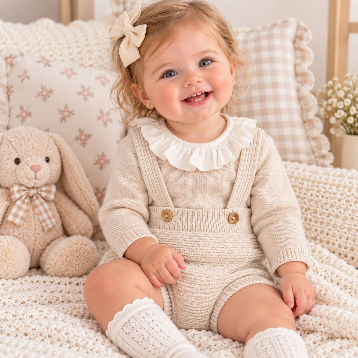 A smiling toddler girl sits on a cream knit blanket in a cozy nursery setting, wearing a cream ribbed knit romper with a white ruffled collar, white knee-high socks, and a cream bow in her hair. A plush bunny toy is to her left.