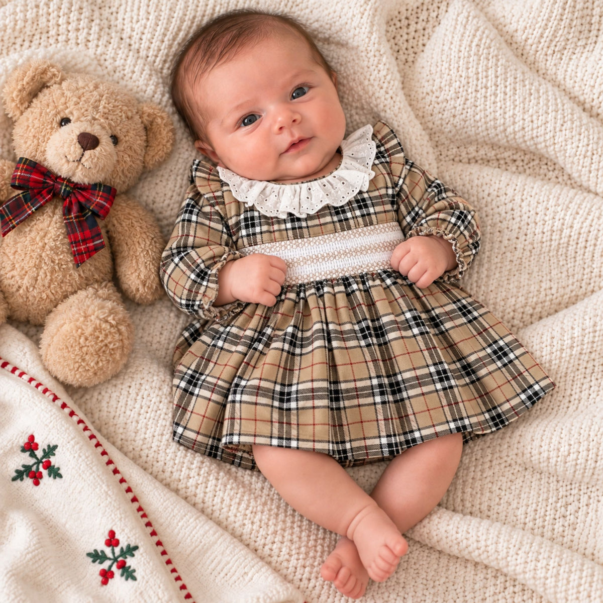 Baby Girls Beige Smocked Tartan Dress - Little Nosh