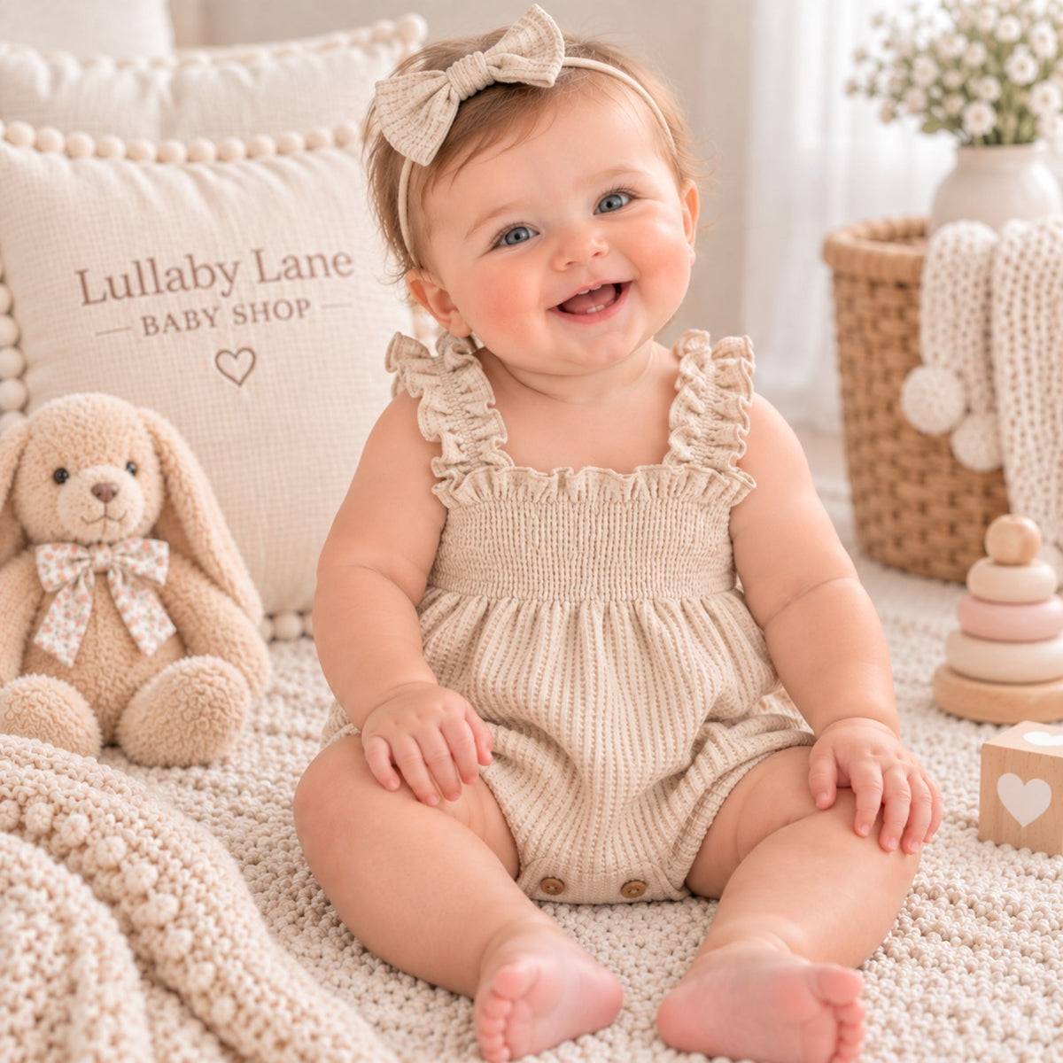 A smiling baby girl wearing a beige smocked romper with ruffle straps and a matching bow headband, sitting on a cream knit blanket in a styled nursery setting with a plush bunny, pillow, basket, and wooden toys.