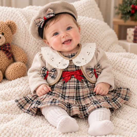 baby girl beige tartan dress jacket set