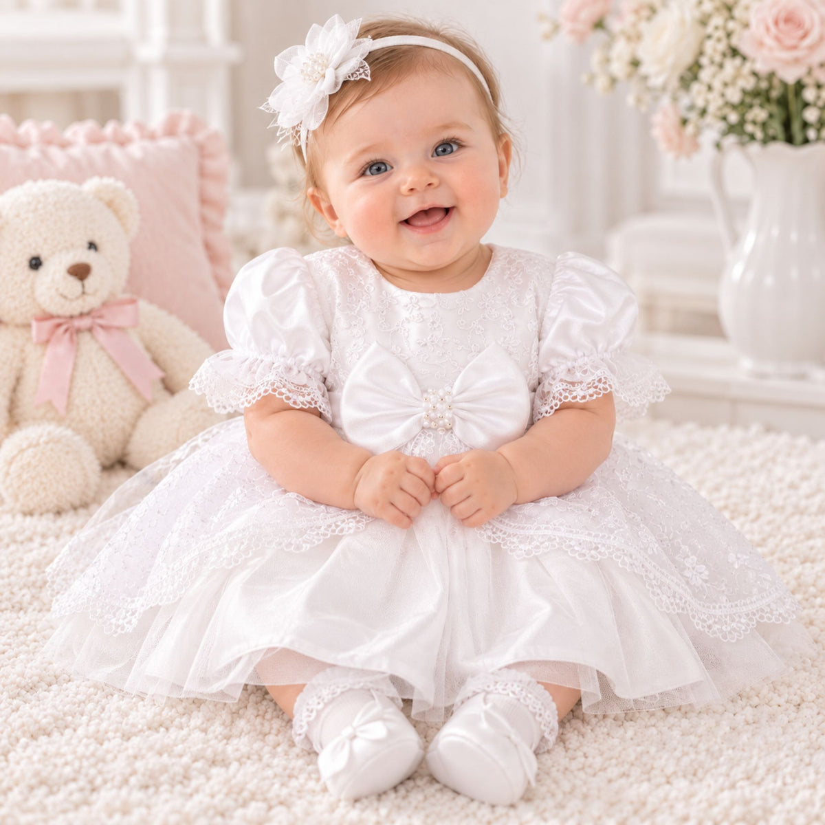 A baby girl wearing a white lace and satin first birthday dress with a large bow, matching headband, and white booties, sitting on a fluffy cream rug next to a teddy bear.