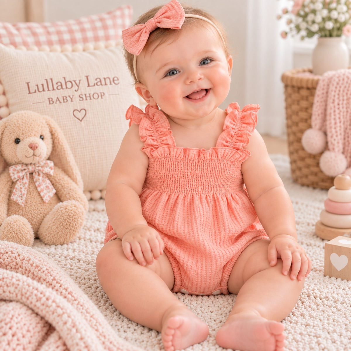 A baby girl wearing a peach pink ruffled romper and matching bow headband sits on a cream knit blanket in a cozy nursery setting. A plush bunny toy, a pillow reading 'Lullaby Lane BABY SHOP', and soft nursery decor surround her.