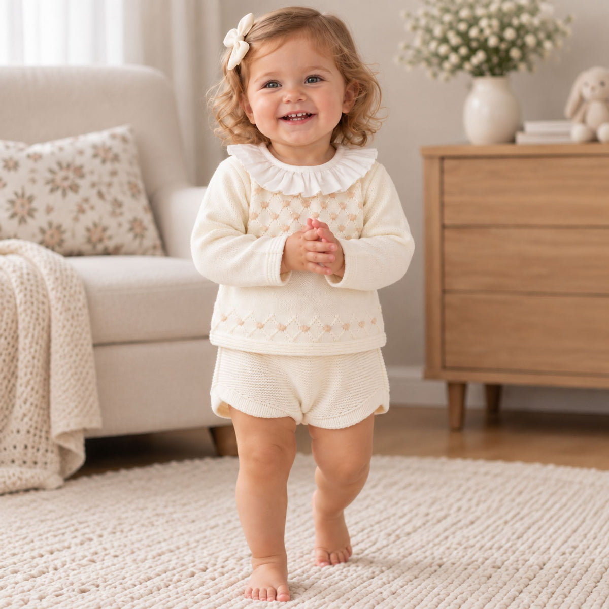 Baby Girls Cream Knitted Top & Jam Pants Set