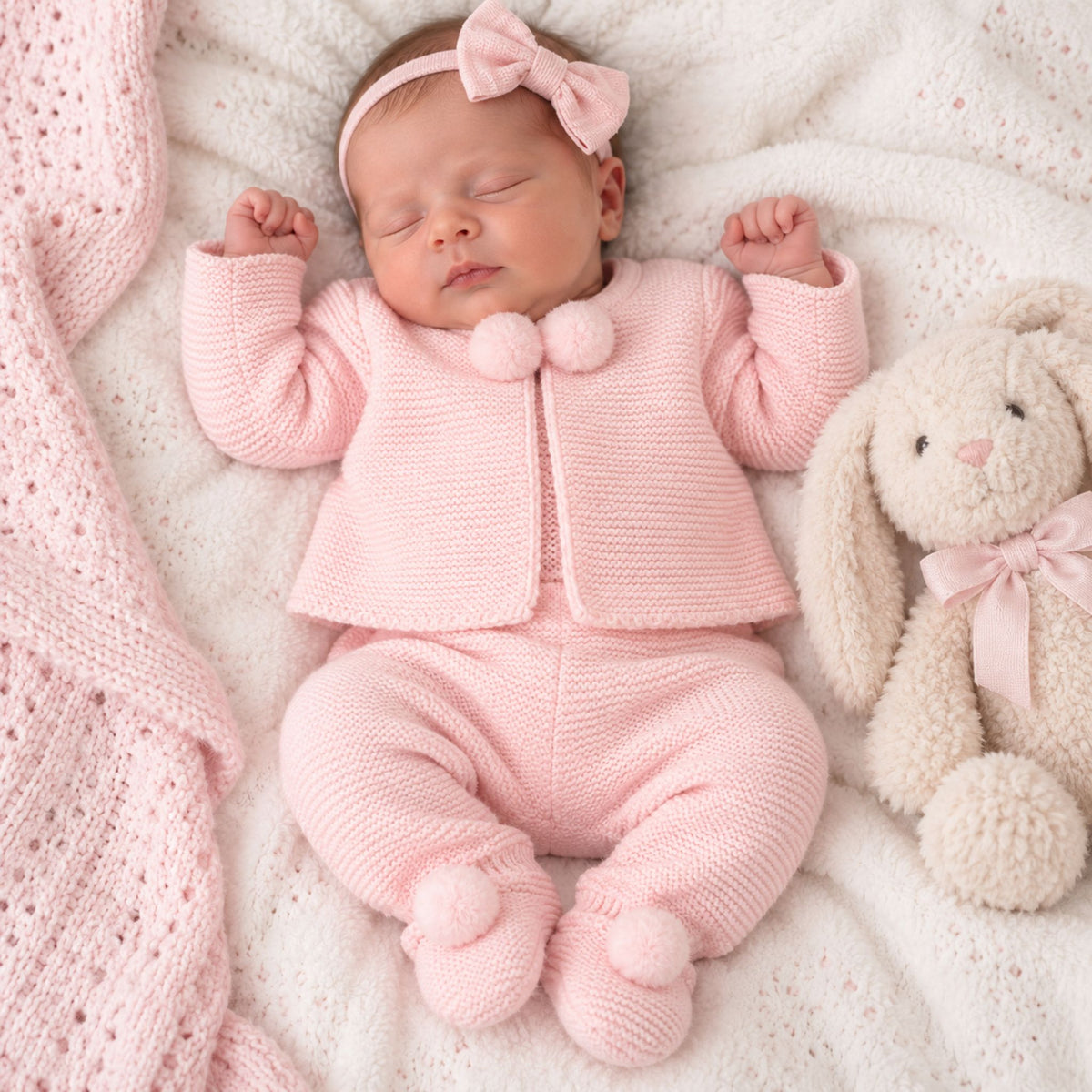 Baby Girls Pink Knitted Jacket & Footed Bottoms Set with Pom Poms