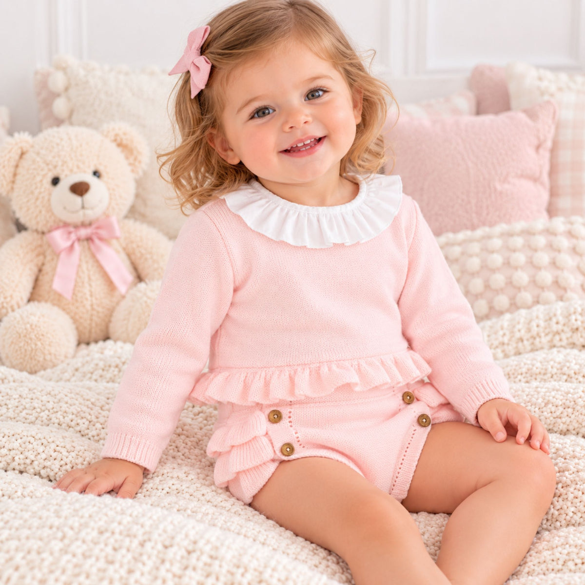 Baby Girls Pink Knitted Jumper & Frilly Jam Pants Set