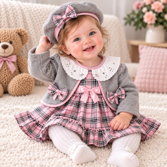 baby girl pink tartan dress and jacket
