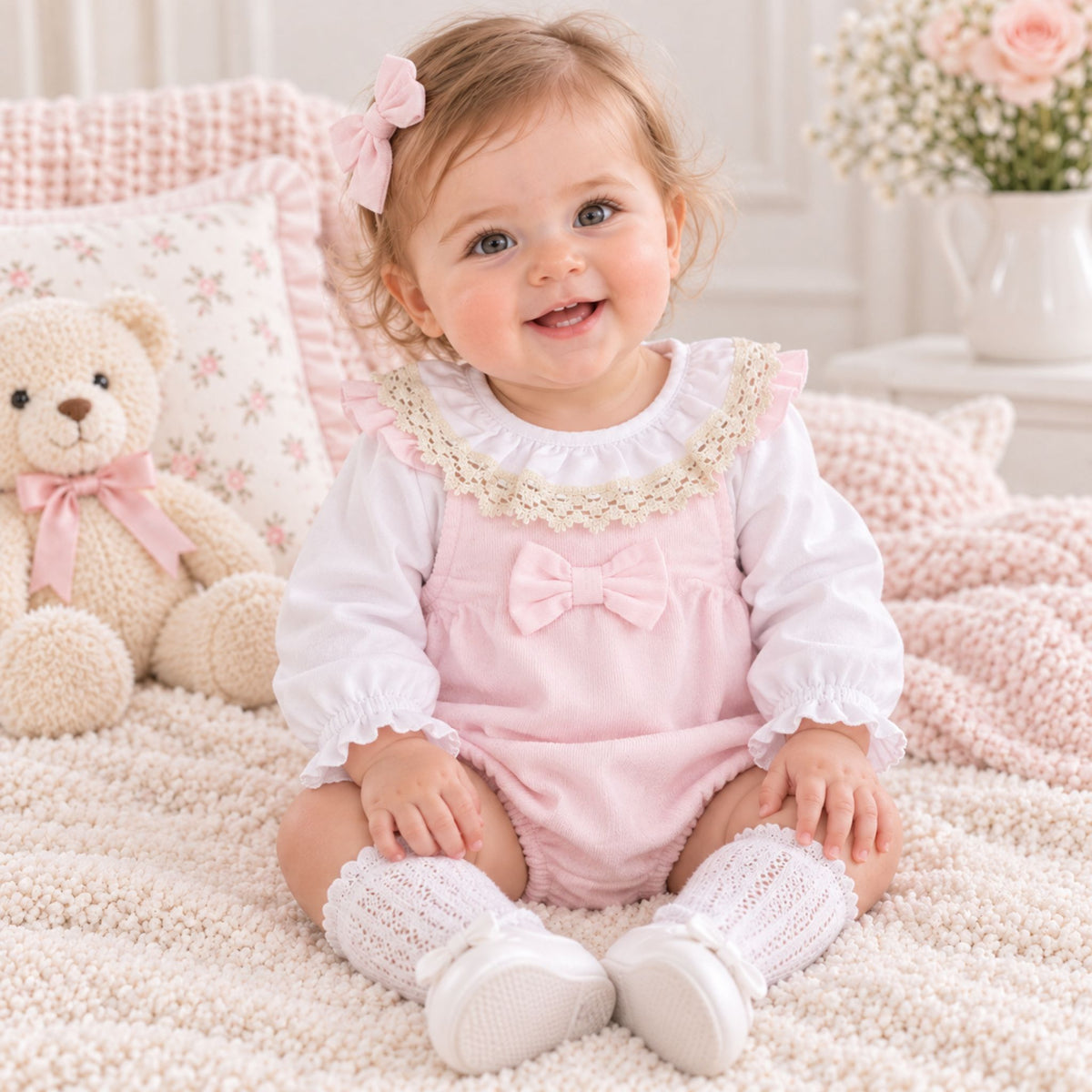 A baby girl sitting on a soft cream blanket in a nursery setting, wearing a pink and white long-sleeve romper with lace trim, white knit booties, and a pink hair bow. A teddy bear and floral pillows are visible in the background.