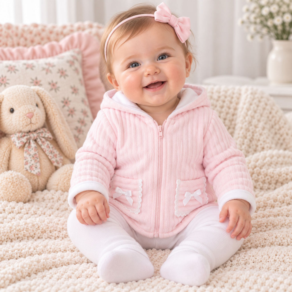 A baby girl sitting on a cozy cream knit blanket, wearing a pink ribbed zip-up hooded romper with white footed socks and a matching pink bow headband. A plush bunny toy and patterned pillows are visible in the background.