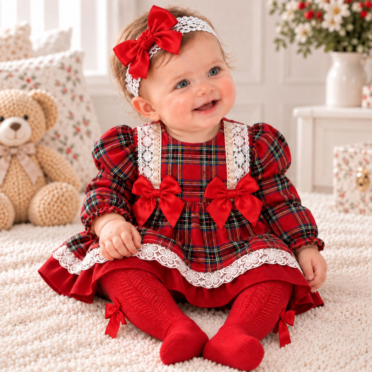 A baby girl sitting on a cream carpet wearing a red and green plaid dress with white lace trim, red tights, a red bow headband, and a large red bow on the dress.