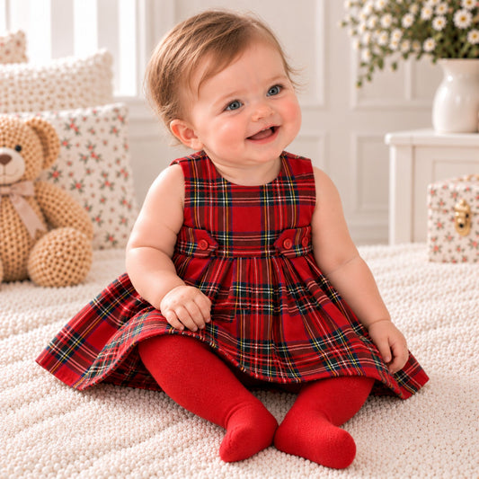 A baby girl sitting on a cream carpet in a cozy room, wearing a red plaid sleeveless dress with red tights. The background features a teddy bear, floral pillows, and a white side table with flowers.