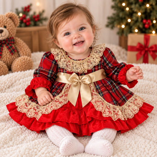 baby girl red and gold tartan dress