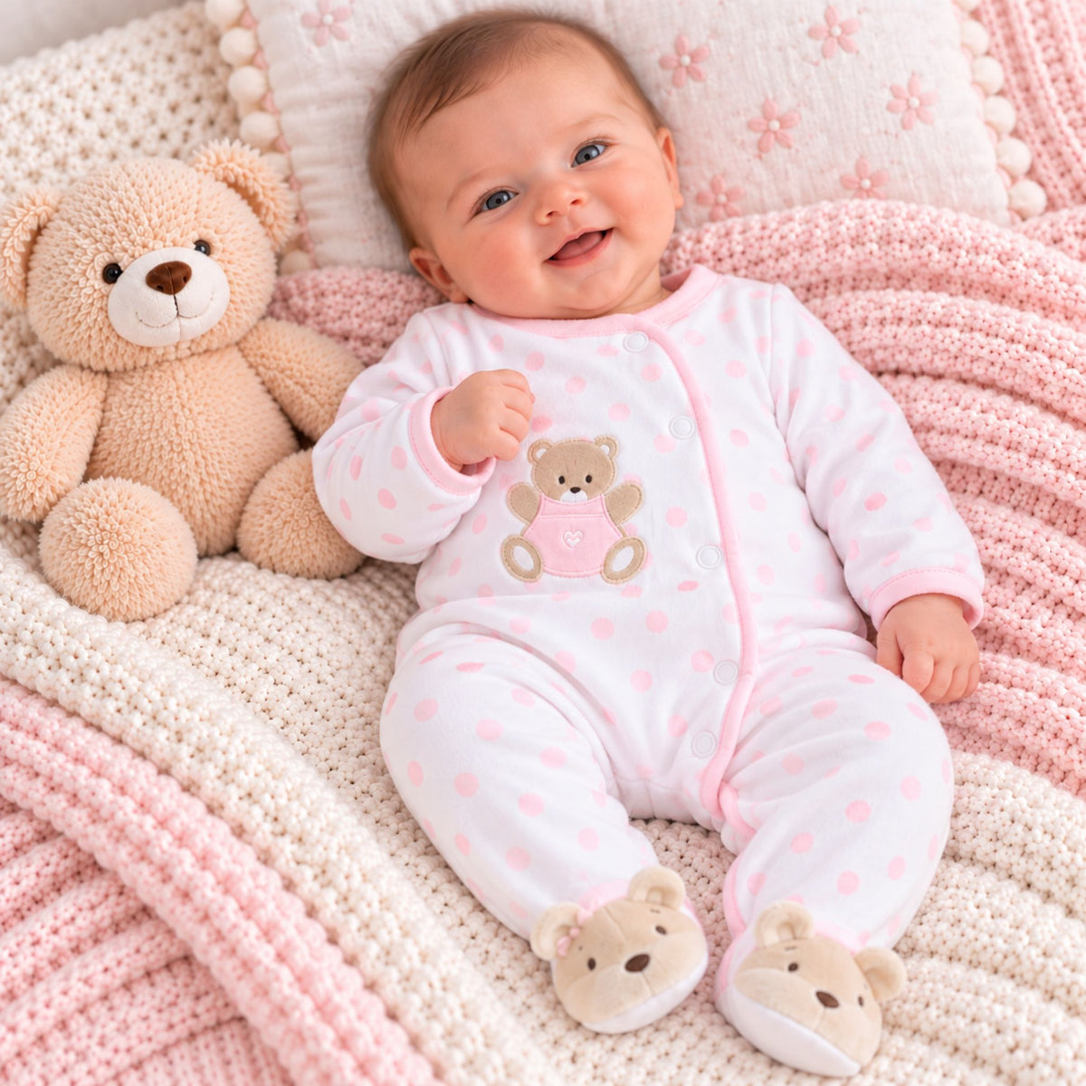 baby girls teddy polka dot sleepsuit