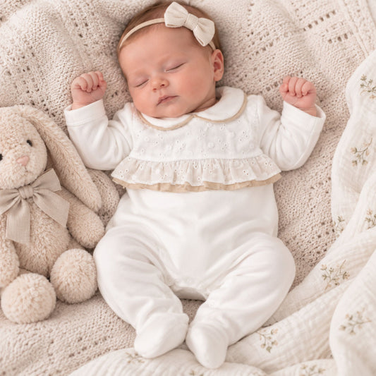 Baby Girls Velour Baby Grow / Sleepsuit with Broderie Anglaise - White/Beige