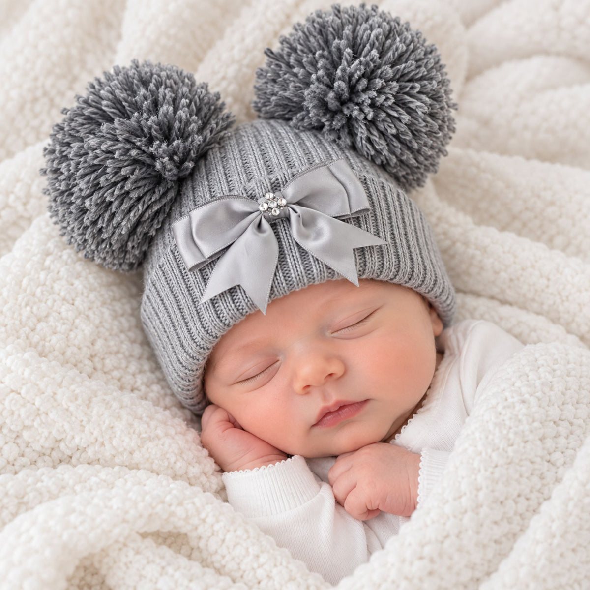 Girls Double Pom Hat - Grey with Bow and Jewel
