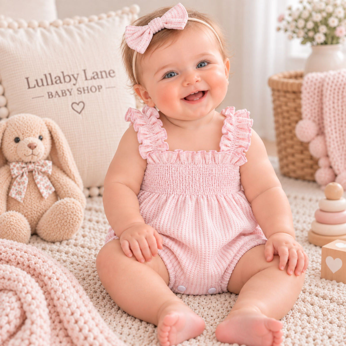 A baby girl sitting on a cream knit blanket in a nursery setting, wearing a light pink textured romper with ruffled shoulder straps and a matching pink bow headband. A plush bunny toy, a pillow reading 'Lullaby Lane BABY SHOP', and soft nursery decor are visible in the background.