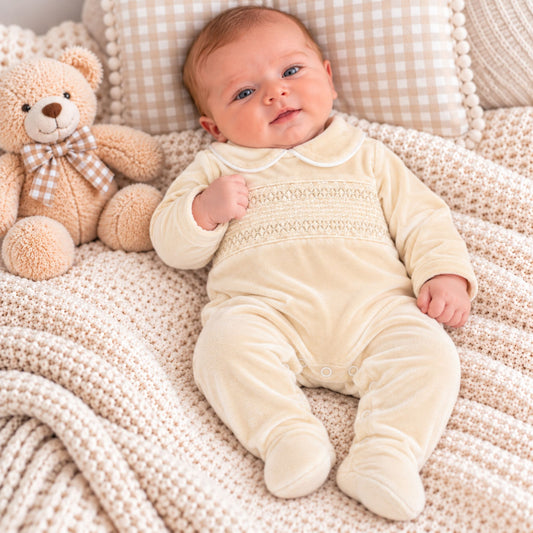 baby velour smocked sleepsuit