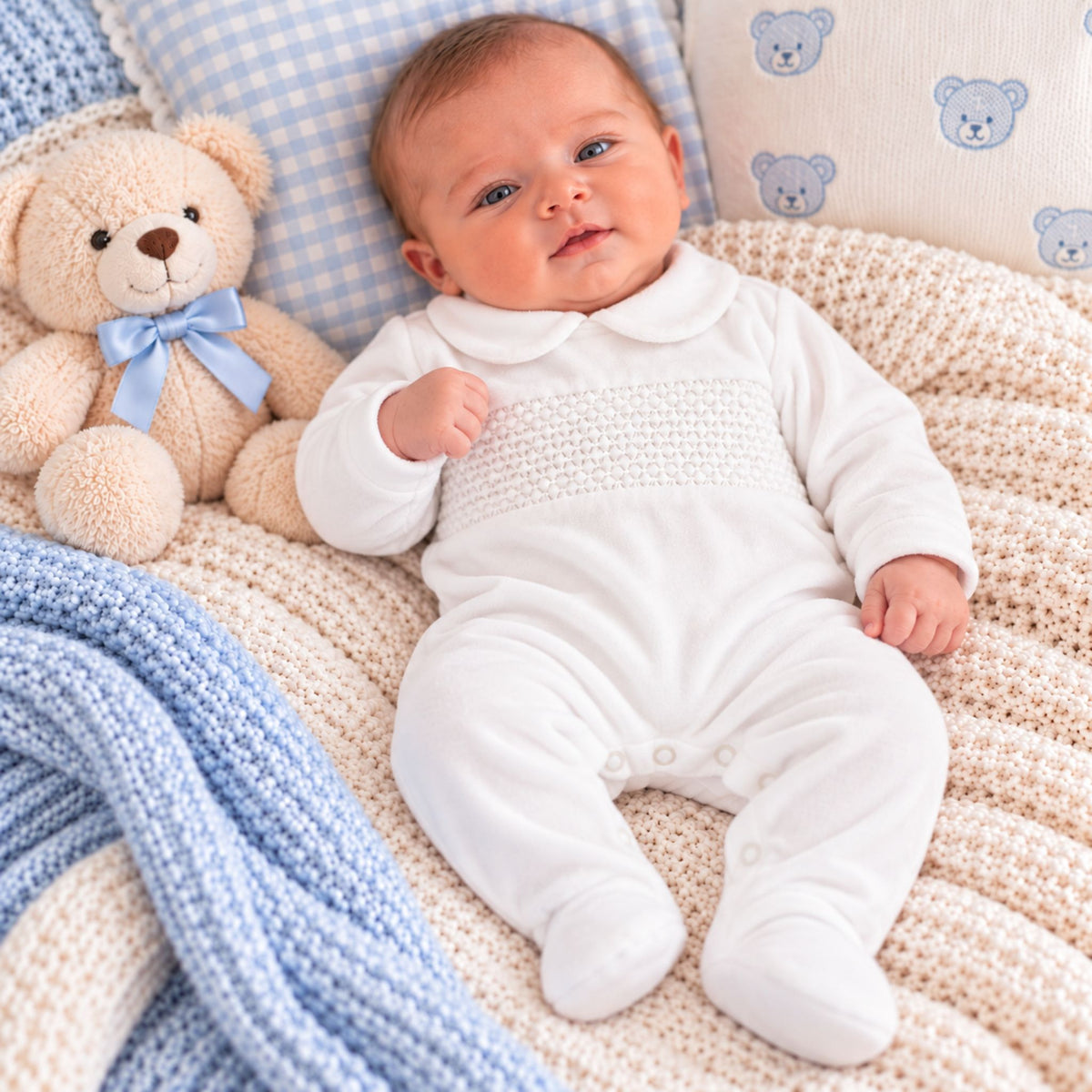 Baby Velour Smocked Sleepsuit - White