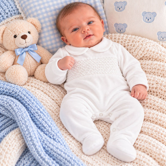 Baby Velour Smocked Sleepsuit - White