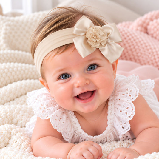 Baby Girls Satin Headband with Bow and Flower - Beige