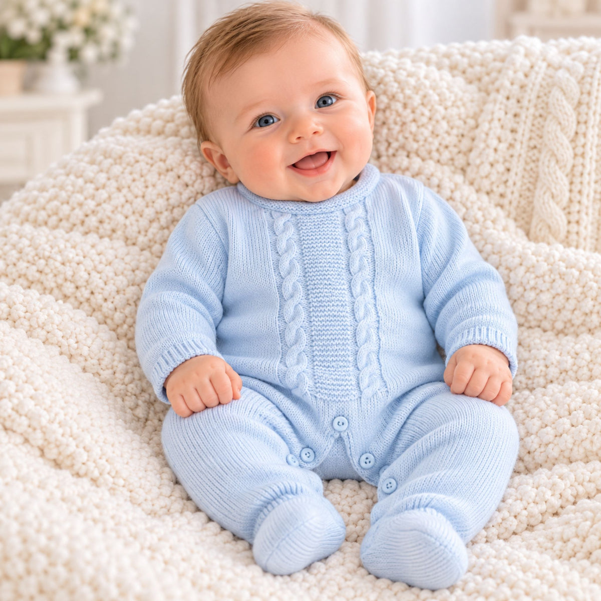 A smiling baby wearing a light blue knit footed romper sits on a cream-colored textured knit blanket in a soft indoor setting.