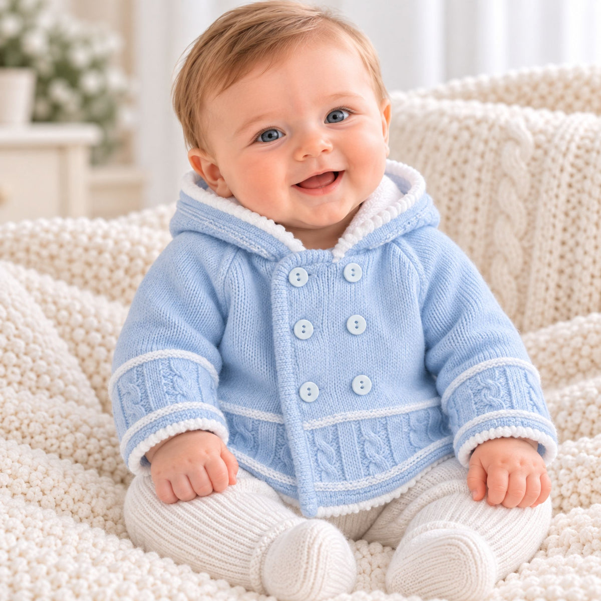 A baby wearing a light blue cable-knit hooded cardigan with white trim and white knit pants, sitting on a cream-colored textured blanket.