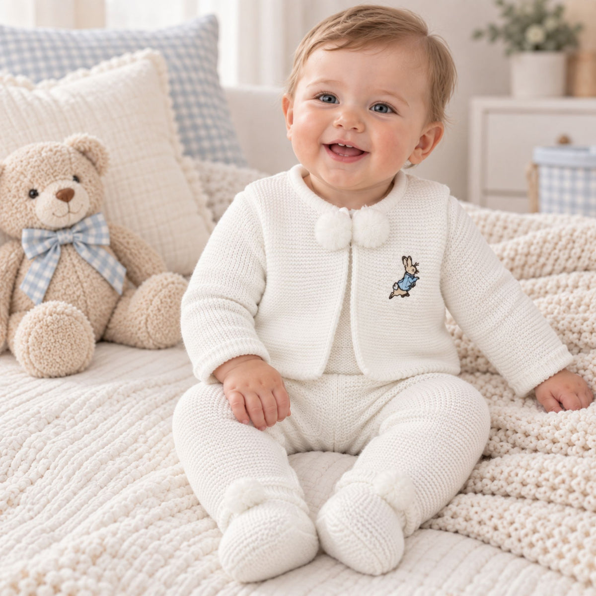 Dandelion Baby White Knitted Two Piece Pram Suit - With Rabbit
